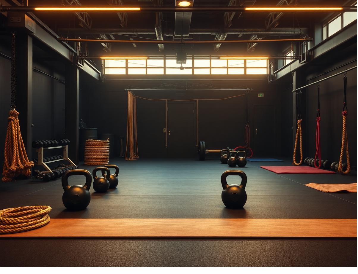 Espaço de treino funcional com kettlebells e cordas